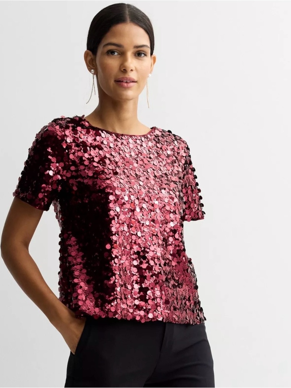 Nine West Sequined Short-Sleeve Top in Maroon Large